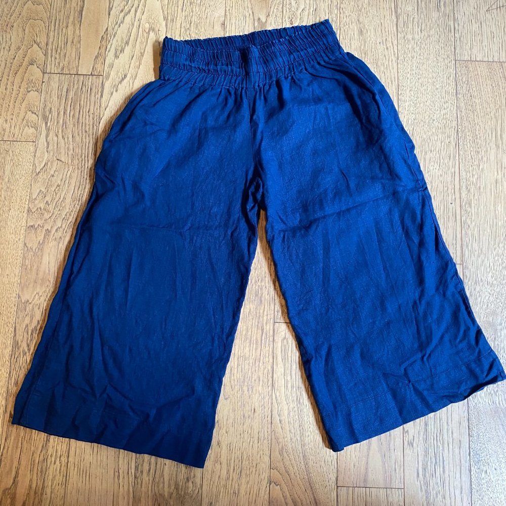 Baltic Bloom Linen Culottes - Navy Blue with Pockets, Large